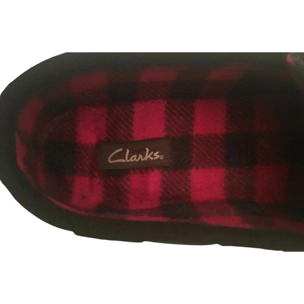 Clarks Mens Casual Moccasins Size 11M Black Leather Red Buffalo Plaid Lining